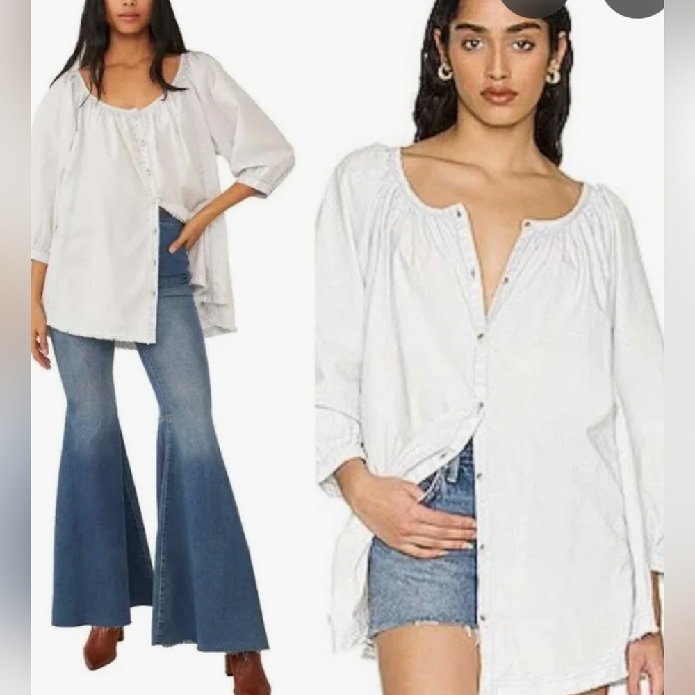 NWOT WE THE FREE Stripe Blue/White Chambray Tunic Dress Raw Hem